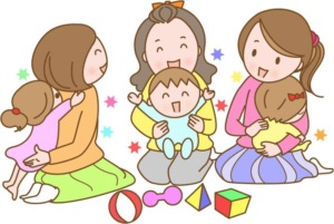 ママ友３人が座って話しているイラスト